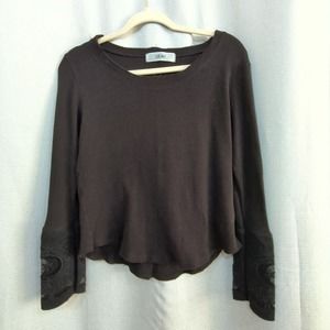 Able Thermal Top Womens Large Waffle Knit Black Lace Cuffs Cotton